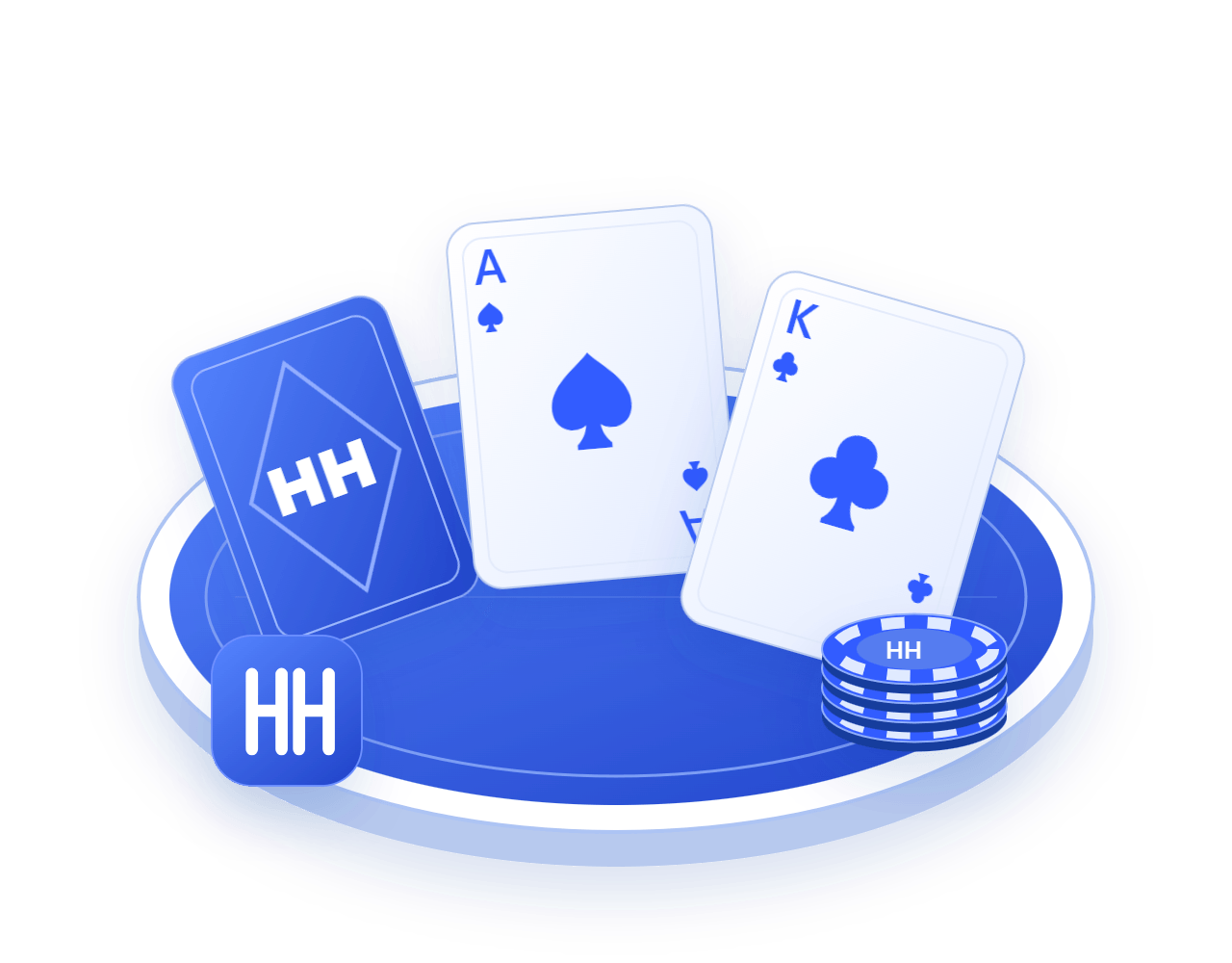 蓝色德州牌桌上的牌背、黑桃A与梅花K,搭配hhpoker标志和一叠筹码